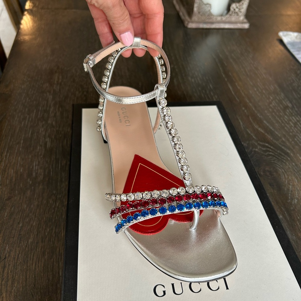 Gucci Silver Sandals with Red and Blue Accents